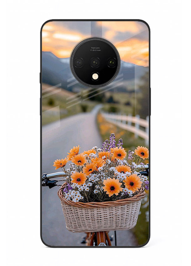 Country floral basket artwork on OnePlus 7T glass back cover with rustic botanical tones.
