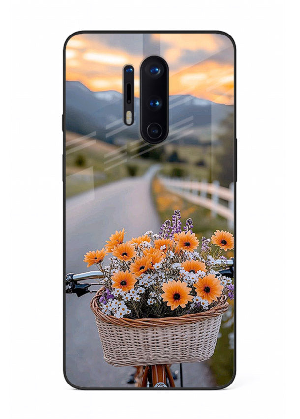 Country floral basket artwork on OnePlus 8 Pro glass back cover with rustic botanical tones.