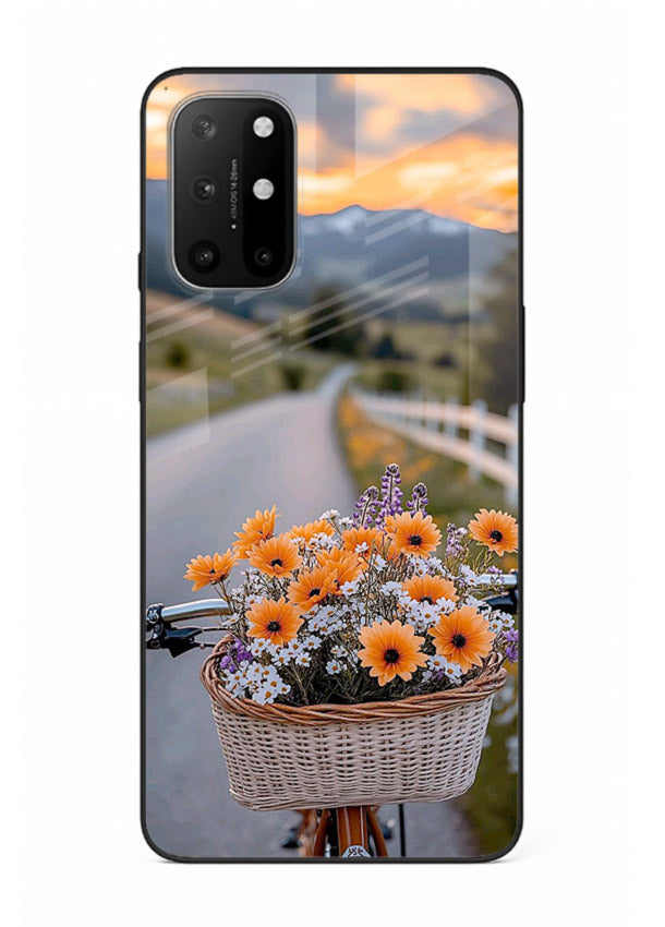 Country floral basket artwork on OnePlus 8T glass back cover with rustic botanical tones.