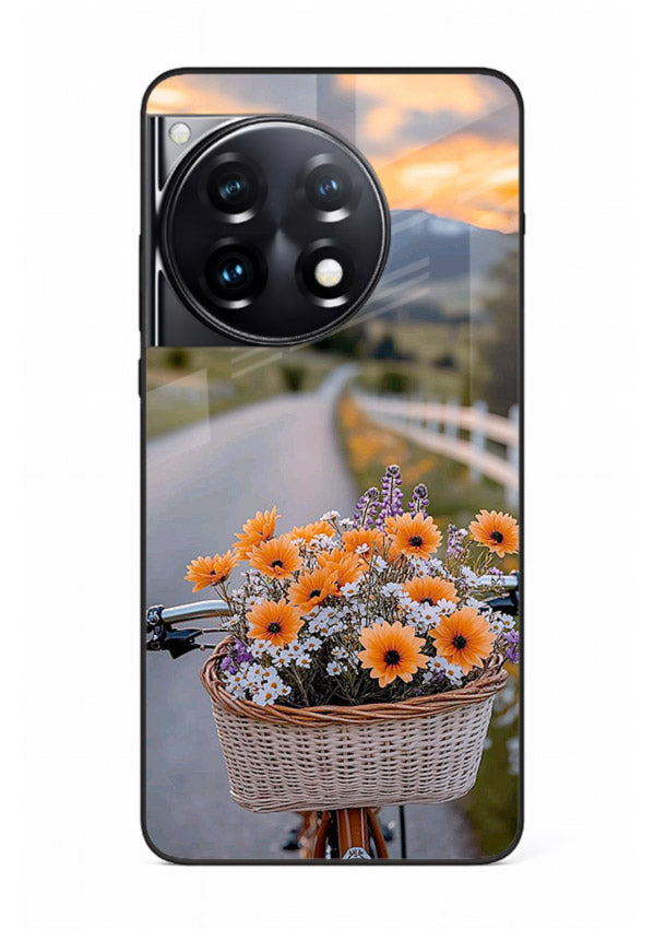 Country floral basket artwork on OnePlus 12R glass back cover with rustic botanical tones.