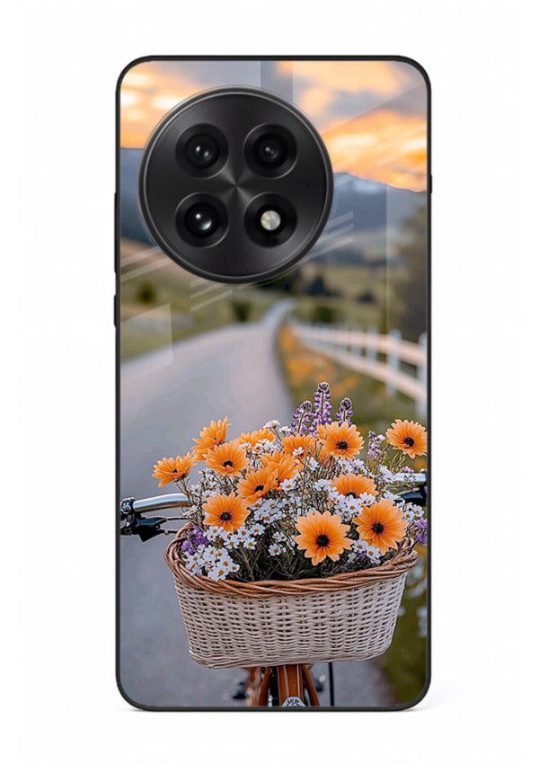 Country floral basket artwork on OnePlus 13 glass back cover with rustic botanical tones.