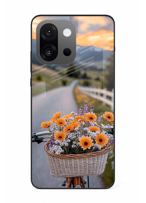 Country floral basket artwork on OnePlus 13s glass back cover with rustic botanical tones.