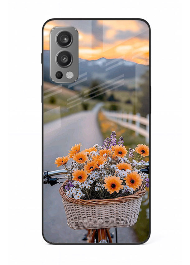 Country floral basket artwork on OnePlus Nord 2 glass back cover with rustic botanical tones.