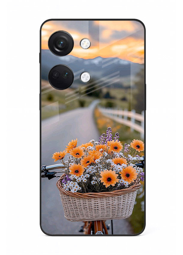 Country floral basket artwork on OnePlus Nord 3 glass back cover with rustic botanical tones.