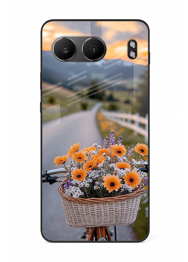 Country floral basket artwork on OnePlus Nord 4 glass back cover with rustic botanical tones.