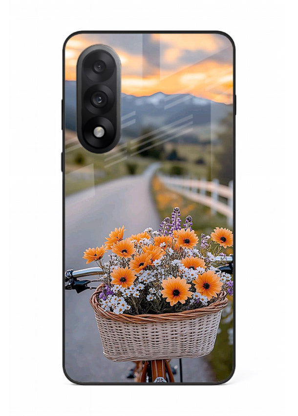 Country floral basket artwork on OnePlus Nord 5 glass back cover with rustic botanical tones.