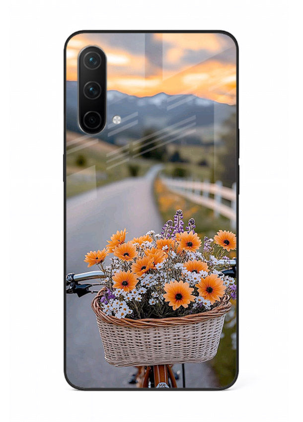 Country floral basket artwork on OnePlus Nord CE 5G glass back cover with rustic botanical tones.