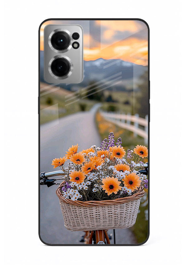Country floral basket artwork on OnePlus Nord CE2 5G glass back cover with rustic botanical tones.