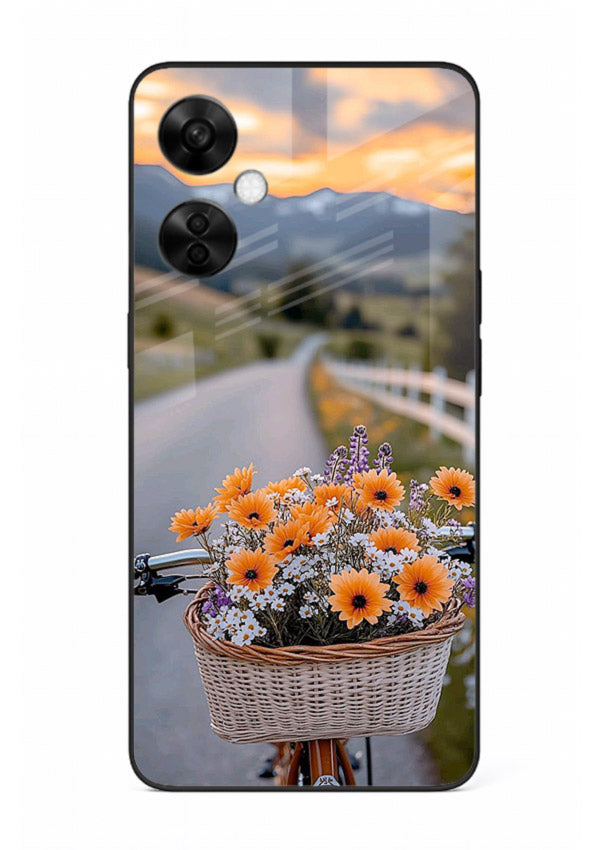 Country floral basket artwork on OnePlus Nord CE3 Lite glass back cover with rustic botanical tones.