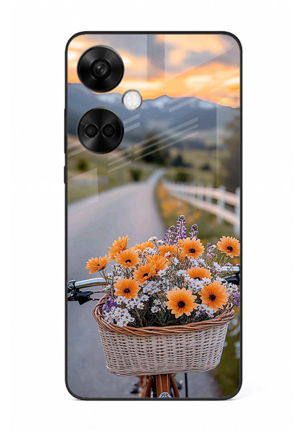 Country floral basket artwork on OnePlus Nord CE3 glass back cover with rustic botanical tones.