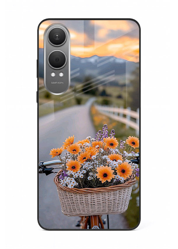 Country floral basket artwork on OnePlus Nord CE4 Lite glass back cover with rustic botanical tones.