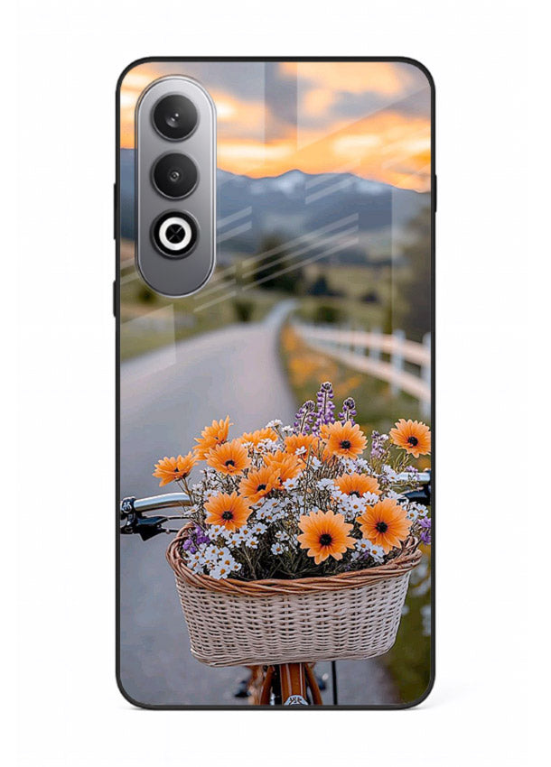 Country floral basket artwork on OnePlus Nord CE4 glass back cover with rustic botanical tones.