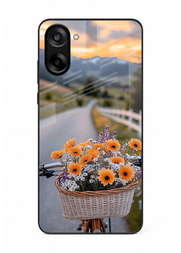 Country floral basket artwork on OnePlus Nord CE5 glass back cover with rustic botanical tones.