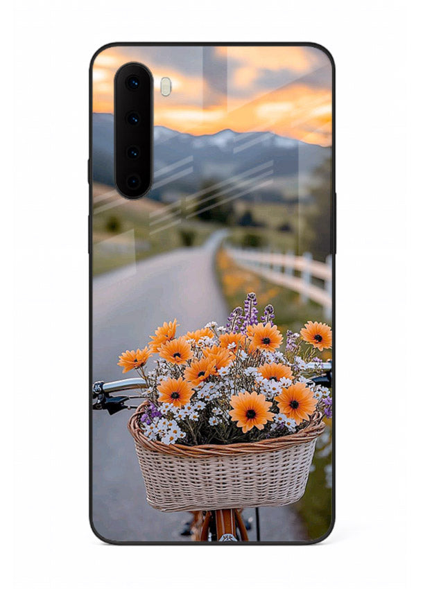 Country floral basket artwork on OnePlus Nord glass back cover with rustic botanical tones.