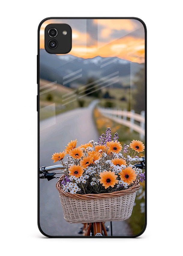 Country floral basket artwork on Samsung A03 glass back cover with rustic botanical tones.