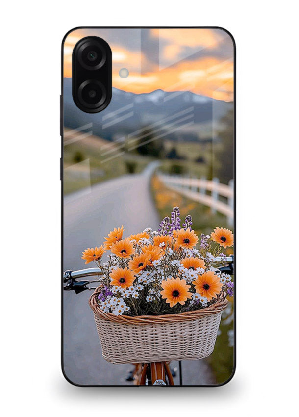 Country floral basket artwork on Samsung A07 4G glass back cover with rustic botanical tones.