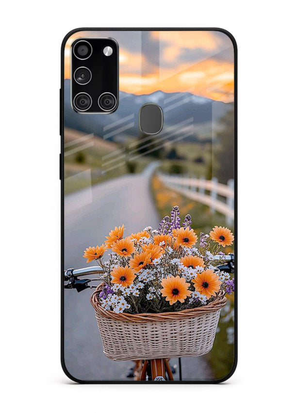 Country floral basket artwork on Samsung A21s glass back cover with rustic botanical tones.