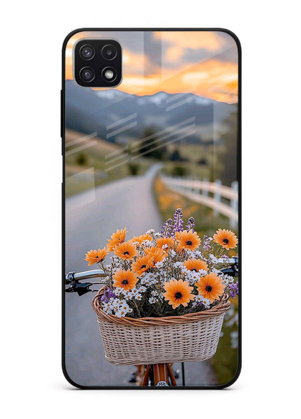 Country floral basket artwork on Samsung F42 5G glass back cover with rustic botanical tones.