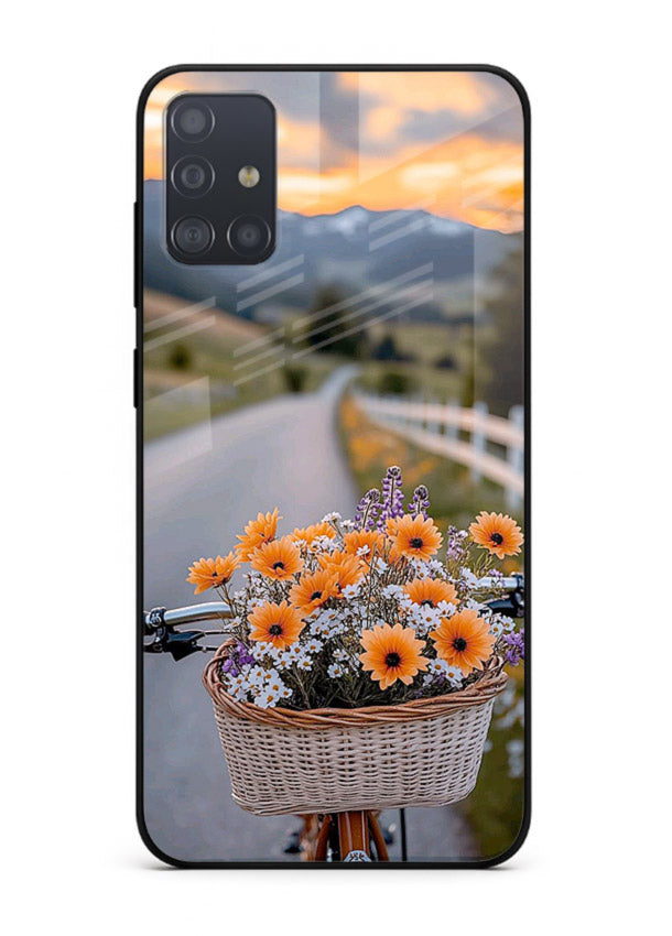 Country floral basket artwork on Samsung A51 glass back cover with rustic botanical tones.