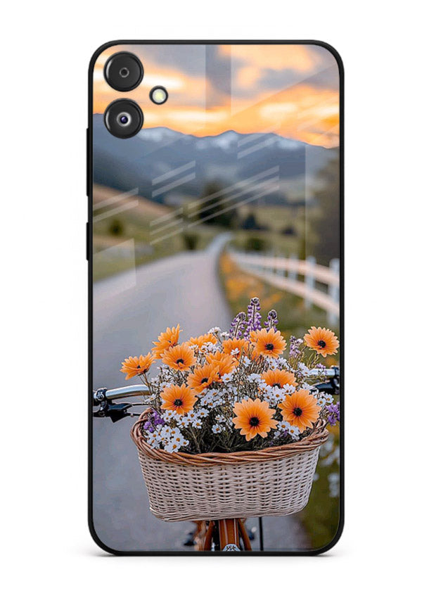 Country floral basket artwork on Samsung F04 5G glass back cover with rustic botanical tones.