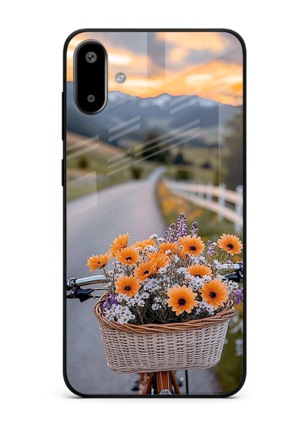 Country floral basket artwork on Samsung F06 5G glass back cover with rustic botanical tones.