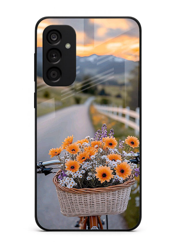Country floral basket artwork on Samsung A15 5G glass back cover with rustic botanical tones.