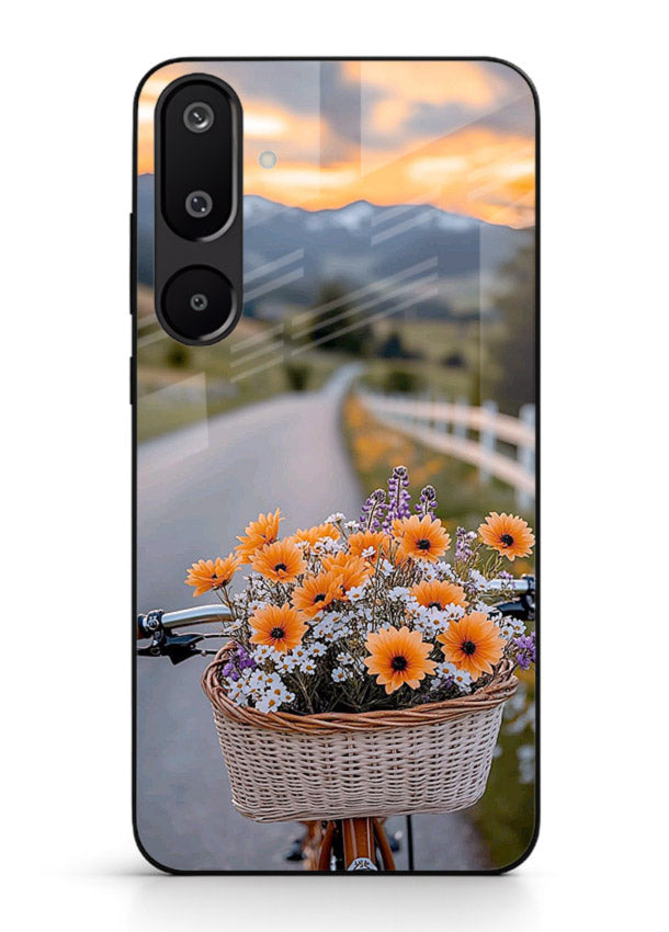 Country floral basket artwork on Samsung M16 5G glass back cover with rustic botanical tones.