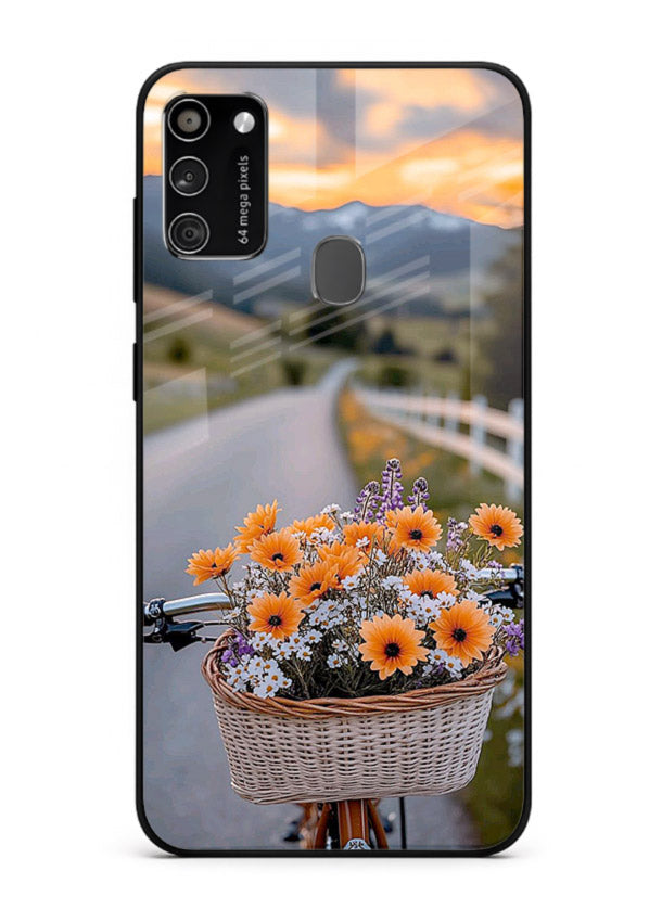 Country floral basket artwork on Samsung M30s glass back cover with rustic botanical tones.