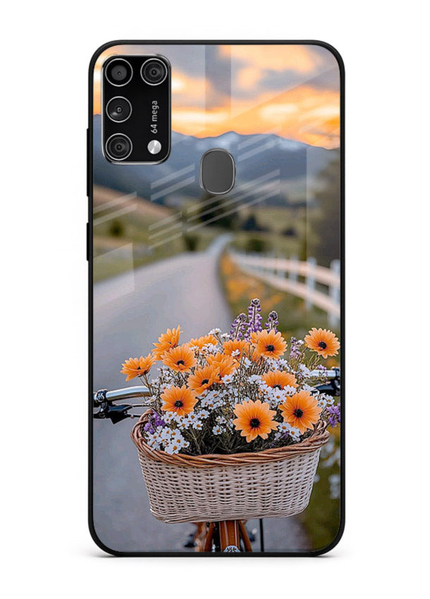Country floral basket artwork on Samsung M31 Prime glass back cover with rustic botanical tones.