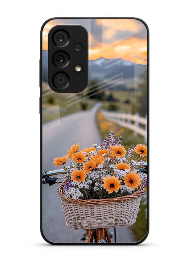 Country floral basket artwork on Samsung M32 5G glass back cover with rustic botanical tones.