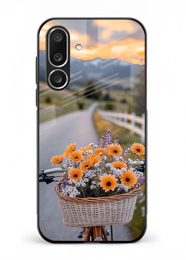 Country floral basket artwork on Samsung M36 5G glass back cover with rustic botanical tones.
