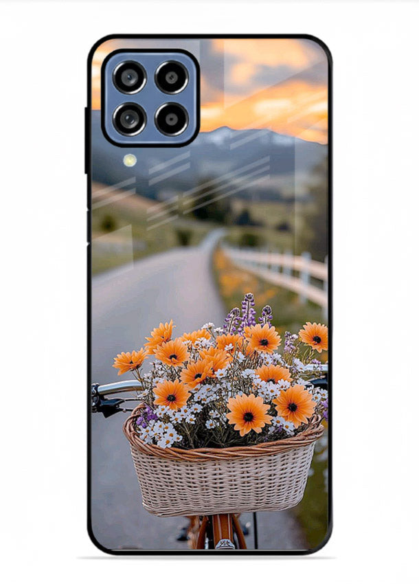 Country floral basket artwork on Samsung M53 5G glass back cover with rustic botanical tones.