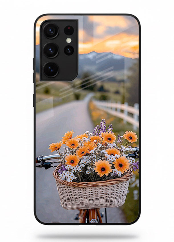 Country floral basket artwork on Samsung S21 Ultra glass back cover with rustic botanical tones.
