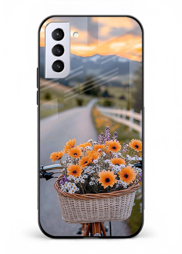 Country floral basket artwork on Samsung S21 Plus glass back cover with rustic botanical tones.