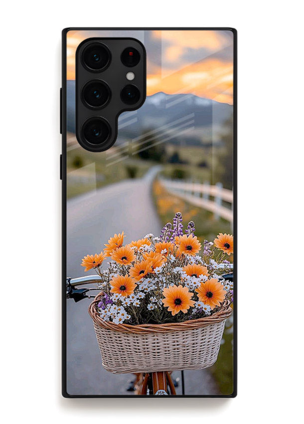Country floral basket artwork on Samsung S22 Ultra glass back cover with rustic botanical tones.
