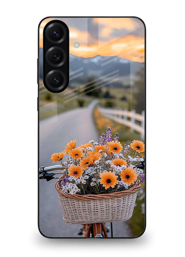 Country floral basket artwork on Samsung S24 FE glass back cover with rustic botanical tones.