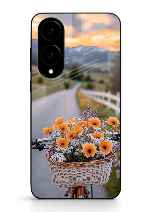 Country floral basket artwork on Samsung S25 Edge glass back cover with rustic botanical tones.