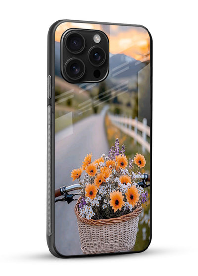 Country floral basket artwork on glossy vibrant premium glass back cover with rustic botanical tones. - Angle Side