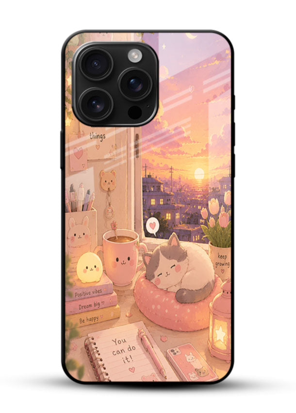 Cozy sunset room glass back cover with fairy lights and window sunset view design - 1