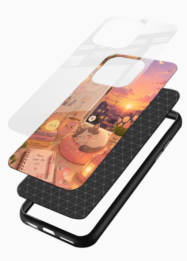 Cozy sunset room glass back cover with fairy lights and window sunset view design - 3