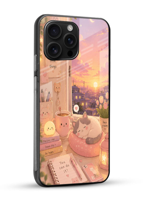 Cozy sunset room glass back cover with fairy lights and window sunset view design - 2
