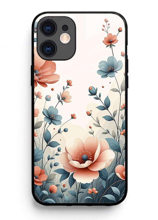 Cream floral artwork on iphone 12 glass back cover with warm vintage botanical detail.