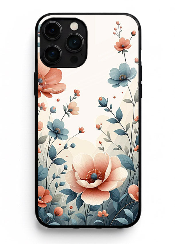 Cream floral artwork on iphone 12 pro max glass back cover with warm vintage botanical detail.