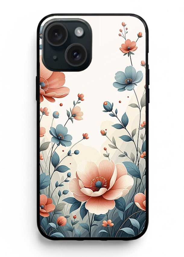 Cream floral artwork on iphone 15 plus glass back cover with warm vintage botanical detail.