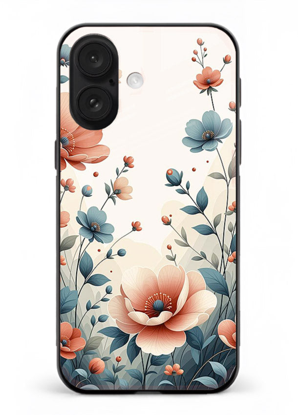 Cream floral artwork on iphone 16 glass back cover with warm vintage botanical detail.