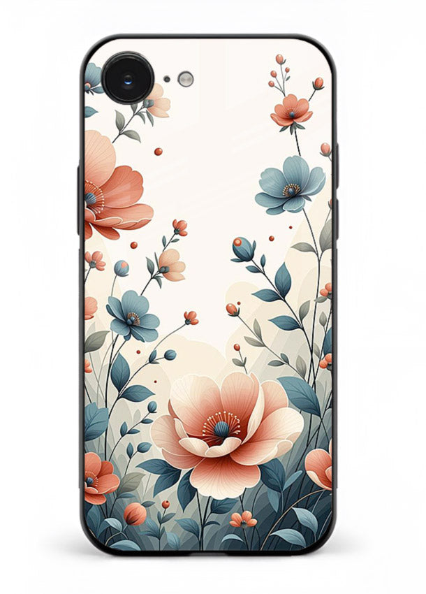 Cream floral artwork on iphone 16e glass back cover with warm vintage botanical detail.