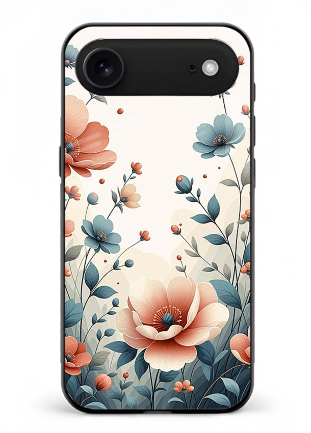 Cream floral artwork on iphone 18 air glass back cover with warm vintage botanical detail.
