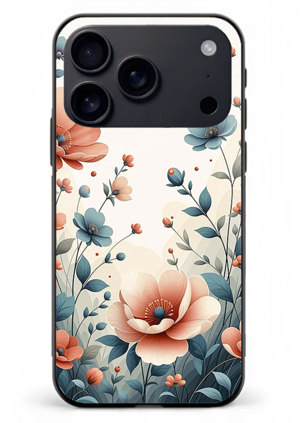 Cream floral artwork on iphone 18 pro max glass back cover with warm vintage botanical detail.