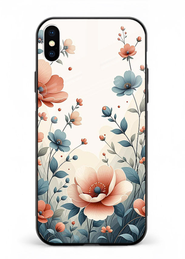 Cream floral artwork on iphone xs max glass back cover with warm vintage botanical detail.