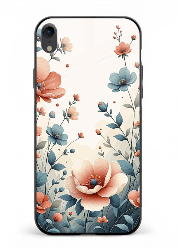 Cream floral artwork on iphone xr glass back cover with warm vintage botanical detail.